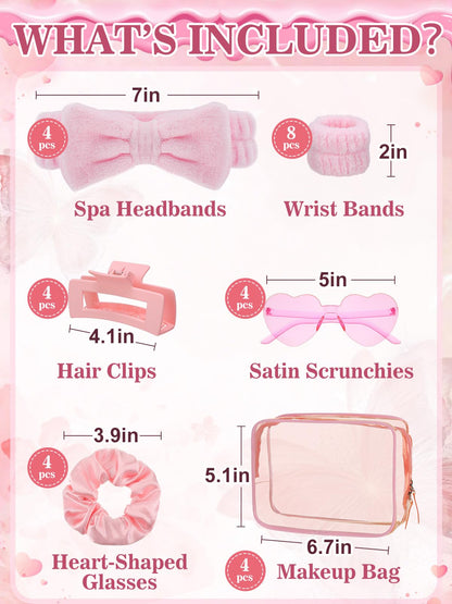 Cosweet 4 Sets Galentine's Day Gift for Women - Pink Spa Party Favors with Headband & Wrist Band, Heart Glasses, Hair Clips, Scrunchies, and Makeup Bag, Friendship Gifts for Valentine's Day