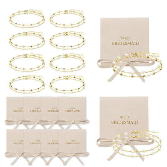 Dreamfox 24PCS 8 Set Bridesmaid Gift Pearl Bracelets for Women 18K Gold Bracelets Bulk Surgical Stainless Steel Bridesmaid Jewelry for Wedding Party Favor