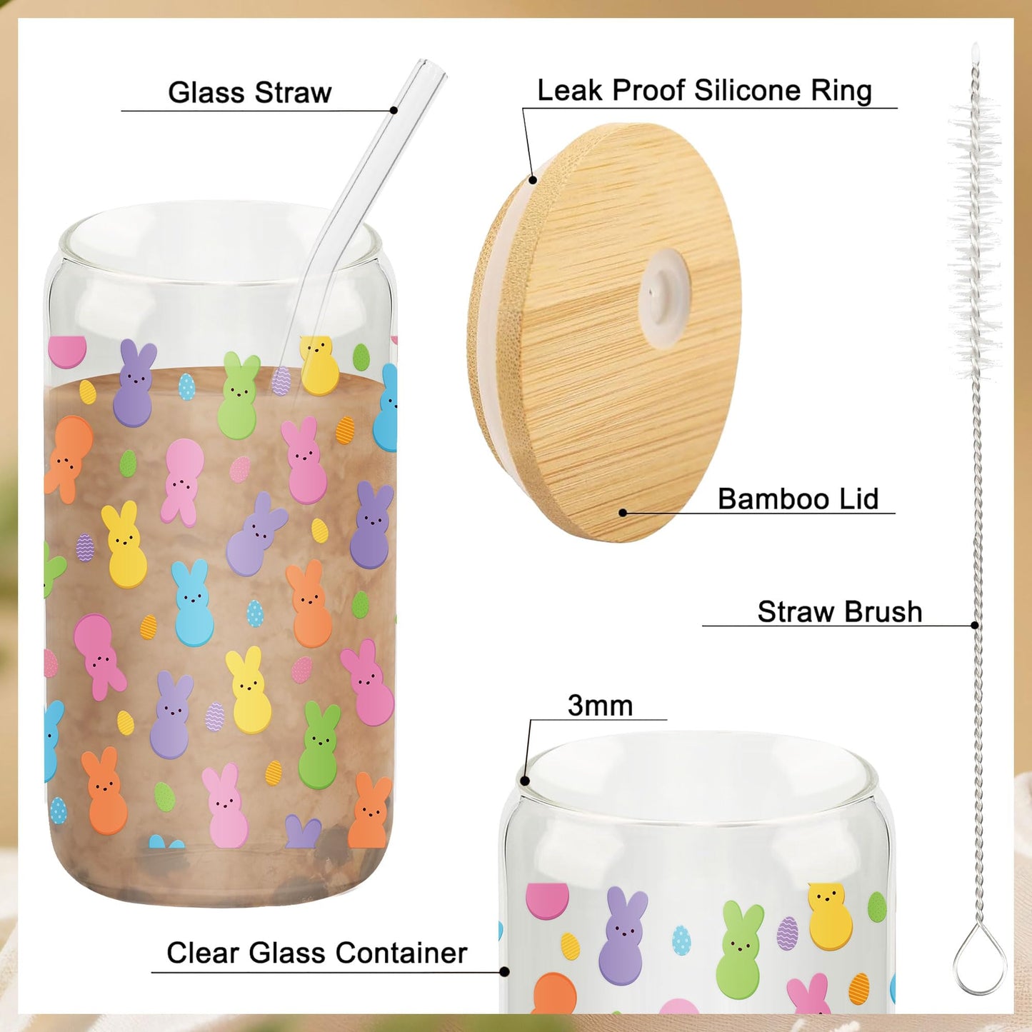 Easter Gifts for Teen Girls & Women, 5 Pcs Easter Basket Stuffers, Bunny Gift Set with 16oz Rabbit Glass Tumbler, Cute Greeting Card, Bracelet, Hair Scrunchie, Socks