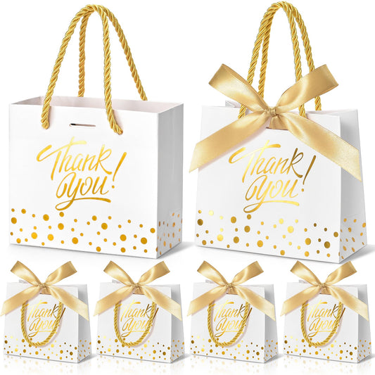 EQOREIIN Small Thank You Gift Bags 50pcs 5.5x2.5x4.7 Inches Small Gift Bags with Handles Bow Ribbon White Paper Bags for Party Favor, Mother's Day，Valentine's Day, Wedding, Baby Shower (White)