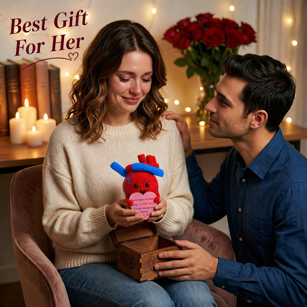 Valentines Day Gifts for Him Her Positive Heart Crochet Desk Decor for Women Girls I Love You for Wife Couple Birthday
