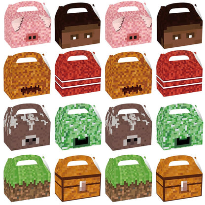 16 Pcs Pixel Theme Gift Box Bags, Pixel Miner Party Favors Decorations Gift Boxes Sandbox Family Goodie Paper Treat Boxes Pixel Party Supplies for Birthday
