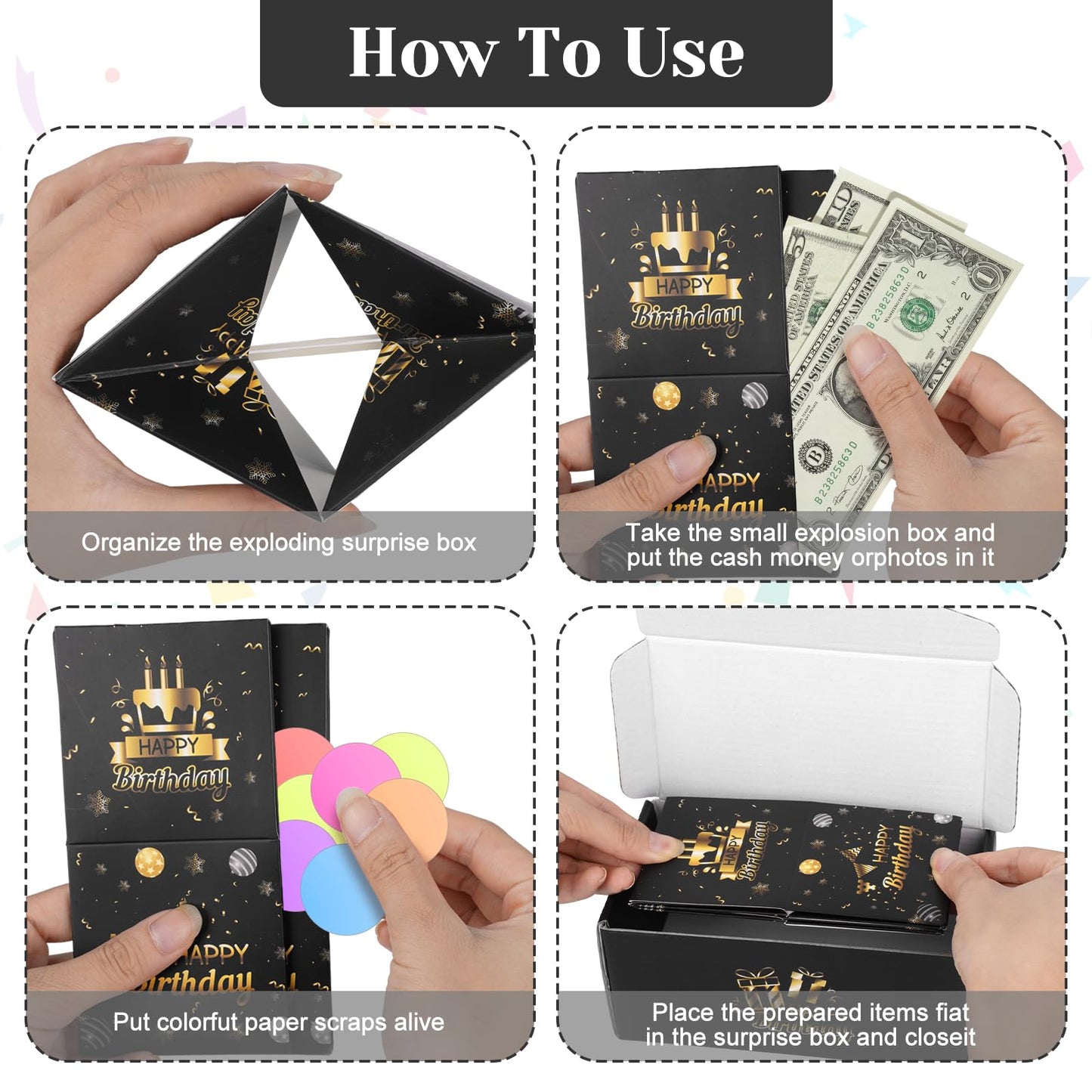 Exploding Gifts Box, Black Gold Surprise Explosion Gifts Box Birthday Money Boxes for Cash Gifts Pop Up Birthday, DIY Unique Folding Happy Birthdays Surprise Boxes Party Favors for Men Women