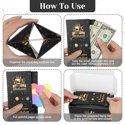 Exploding Gifts Box, Black Gold Surprise Explosion Gifts Box Birthday Money Boxes for Cash Gifts Pop Up Birthday, DIY Unique Folding Happy Birthdays Surprise Boxes Party Favors for Men Women