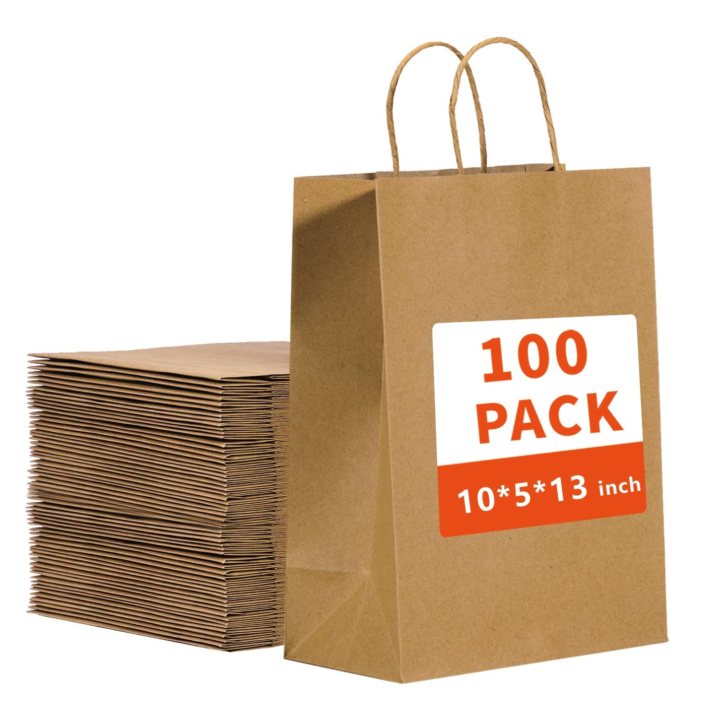 vanhel 10x5x13in Kraft paper Bags 100Pcs Brown Paper Bags with Handles Bulk, Recycled Paper Gift Sacks,for Gifts,Retail,Merchandise,Grocery,Birthday Wedding Party Favor, Take-out