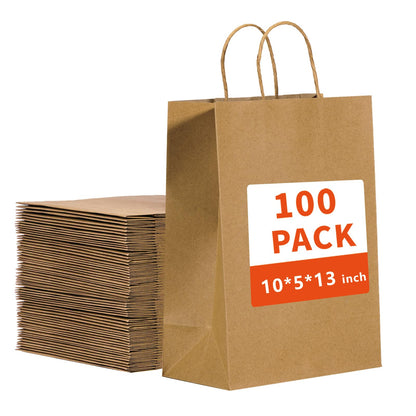 vanhel 10x5x13in Kraft paper Bags 100Pcs Brown Paper Bags with Handles Bulk, Recycled Paper Gift Sacks,for Gifts,Retail,Merchandise,Grocery,Birthday Wedding Party Favor, Take-out