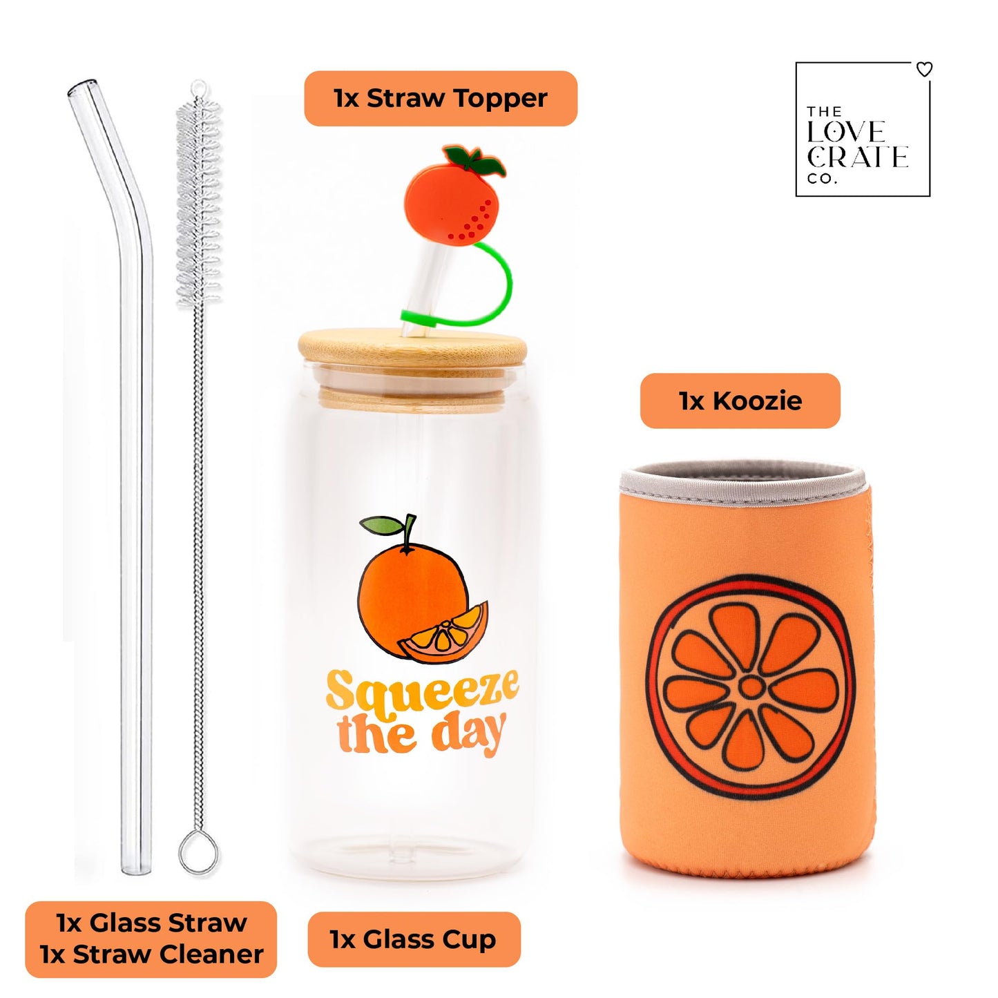 The Love Crate Co. Orange Gifts for Women - Glass Tumbler with Lid and Straw, Customized Straw Stopper and Cup Sleeve. Aesthetic Unique Design Iced Coffee Gift Cup for Mom, Teacher, Friend