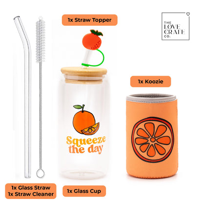 The Love Crate Co. Orange Gifts for Women - Glass Tumbler with Lid and Straw, Customized Straw Stopper and Cup Sleeve. Aesthetic Unique Design Iced Coffee Gift Cup for Mom, Teacher, Friend