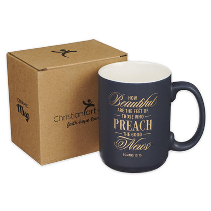 Christian Art Gifts Large Matted Ceramic Coffee & Tea Mug for Pastors: Preach the Good News Golden Inspirational Scripture, Lead & Cadmium-free Sturdy Novelty Mens Drinkware, Navy Blue & White, 14 oz.