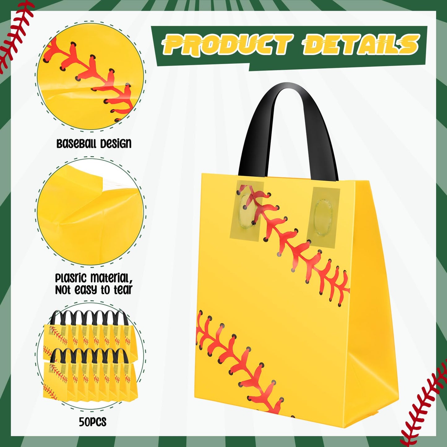 Silkfly 50 Pack 6 x 8 Inch Softball Snack Bags Plastic Small Softball Print Goodie Gift Party Favor Bags for Sport Theme Party Decorations Game Celebration Supplies