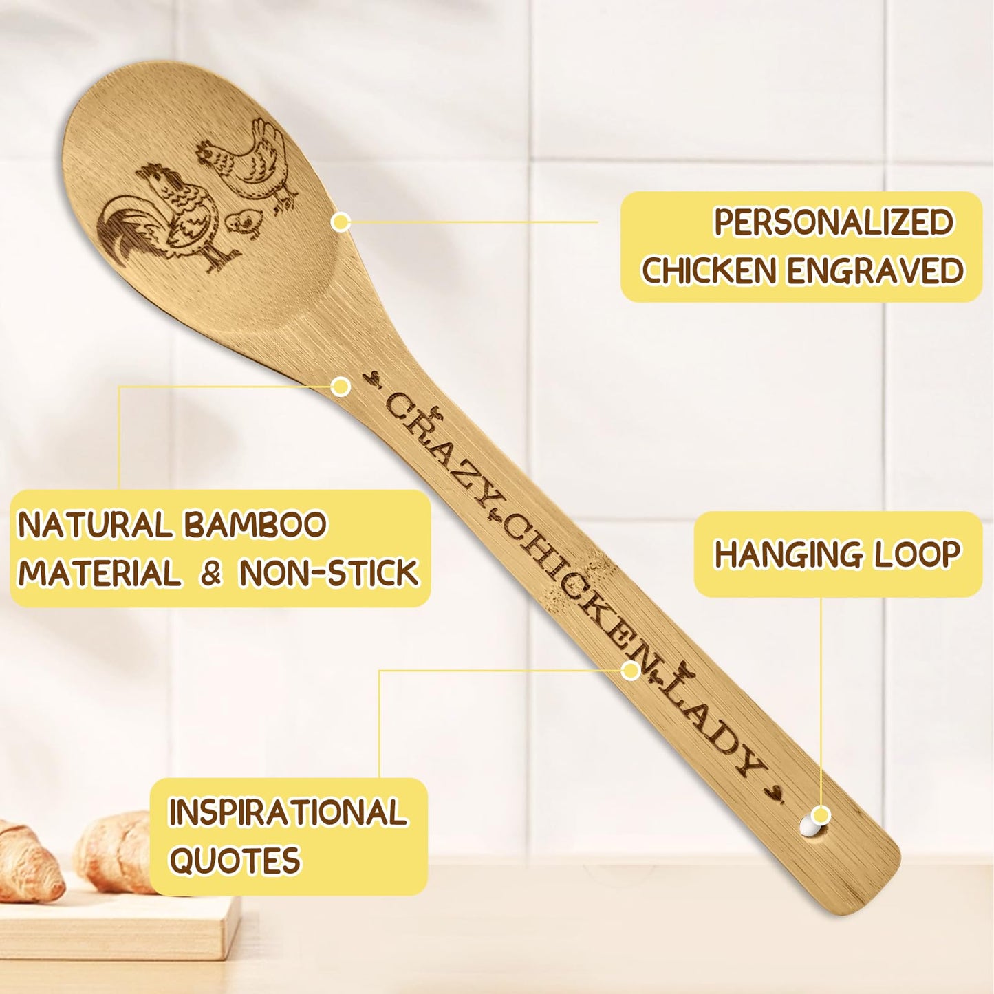 Chicken Gifts for Women, 6PCS Unique Chicken Print Bamboo Spoons Gifts Set with Keychain, Chicken Decor Kitchen Stuff for Mother's Day Sister