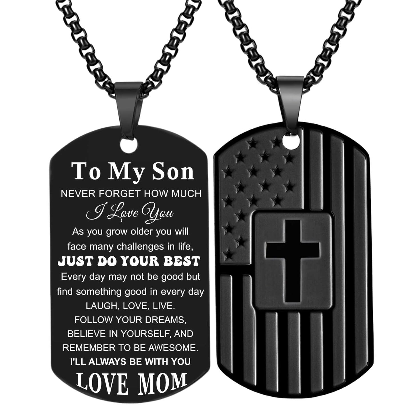 Coolvy To My Son Necklace from Mom Dad, Dog Tag Cross Necklace for Men, American Flag Birthday Christmas Gifts for Son in Law Grandson Daughter Granddaughter Family Jewelry