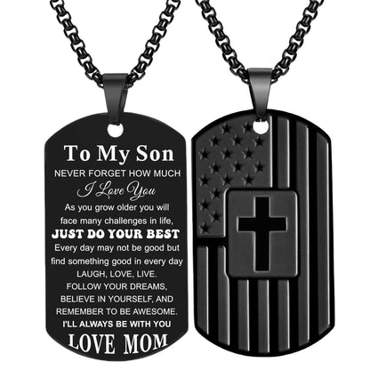 Coolvy To My Son Necklace from Mom Dad, Dog Tag Cross Necklace for Men, American Flag Birthday Christmas Gifts for Son in Law Grandson Daughter Granddaughter Family Jewelry
