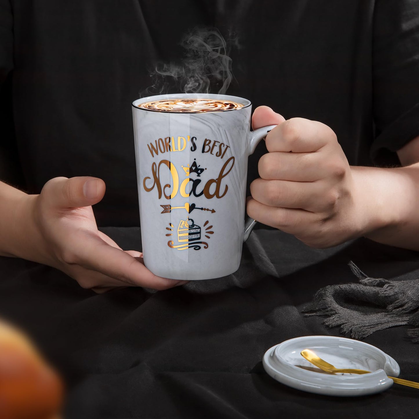 Fathers Day Birthday Gifts Presents for Dad from Daughter Son - World's Best Dad - Funny Daddy Mug with Gold Print, 14Oz Grey Marble Ceramic Coffee Cup, with Lid Spoon Greeting Card, Nice Gift Boxed