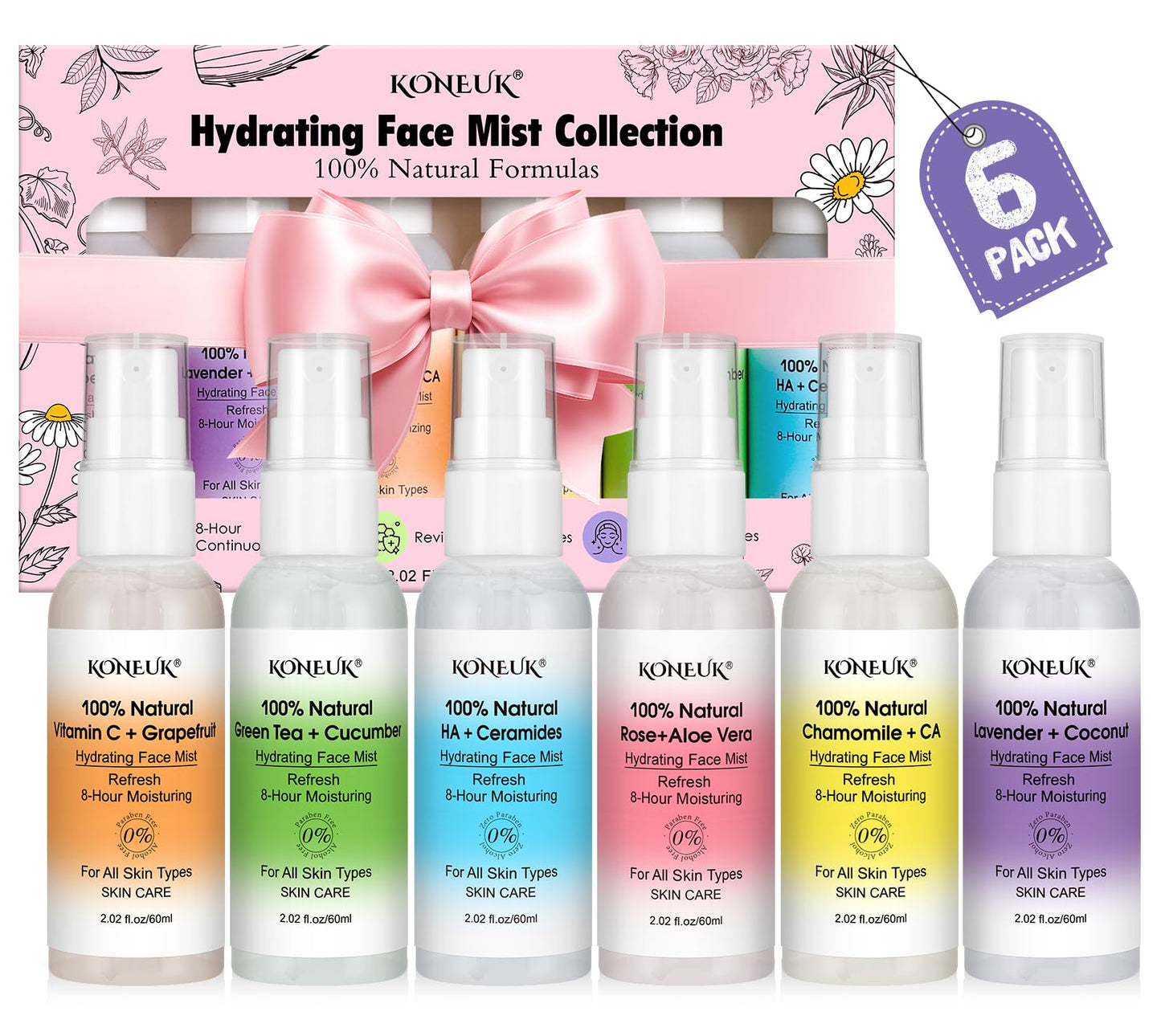 KONEUK Skincare Refreshing Face Mist Kit-Long Hydration and Soothing Facial Spray for Glowing Skin Care, Mini Face mist Gifts for Women, Mothers Day Gifts, Teacher Gifts, Trave Size2.02 fl oz 6 Pack