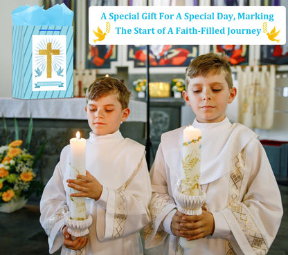 BIZIBAFF First Communion Gifts Bag for Boys Girls - 13" Baptism Gifts Bag with Tissue Paper Easter Religious Christian Gift Bag Christenings Confirmations Gifts for Baby Boys Girls