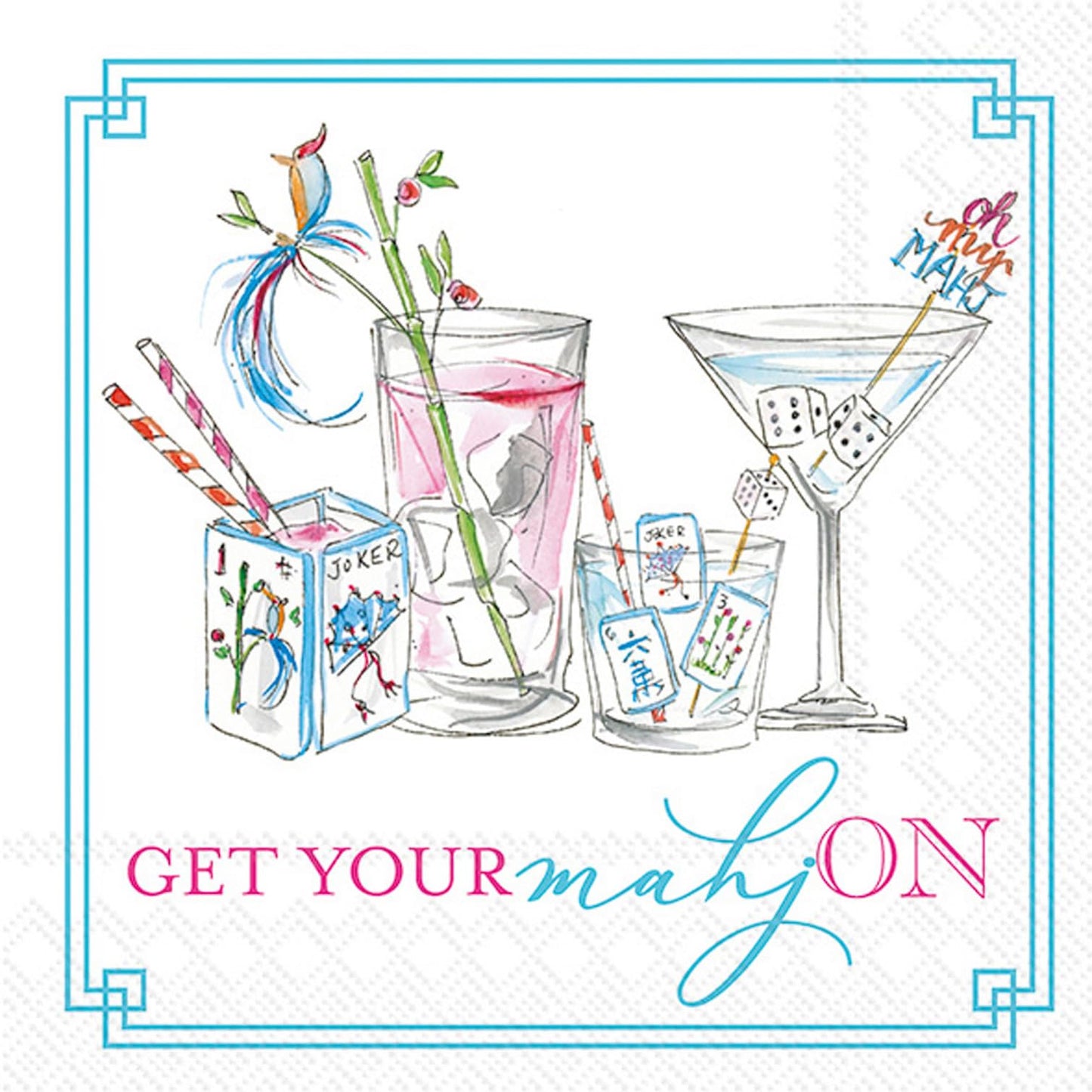 IHR Ideal Home Range Cocktail Napkins Rosanne Beck Disposable 3-Ply Paper Party Napkin Pack, 10" x 10", Mahjong Drinks, 20-Count