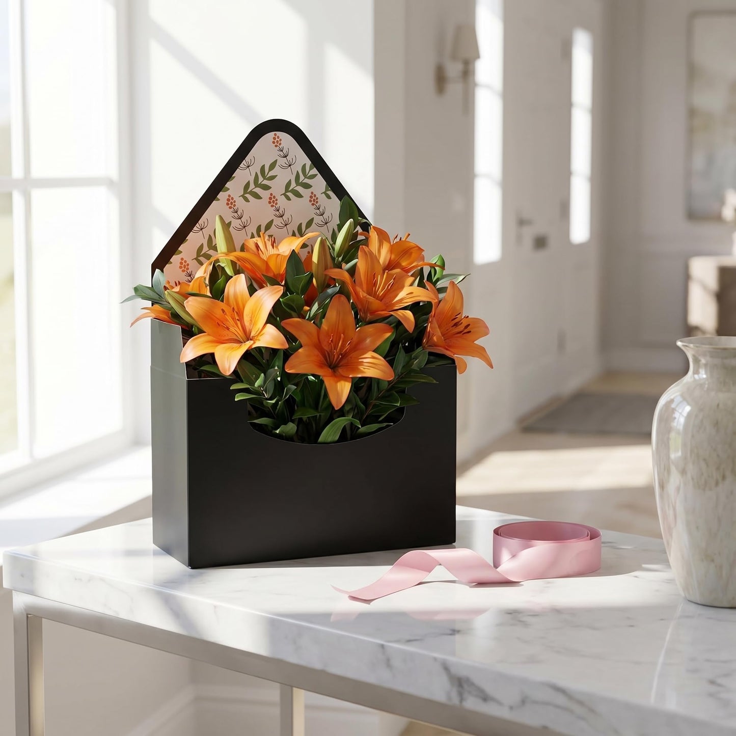 Cedilis Set of 20 Envelope Gift Box, Flower Boxes for Arrangements, Paper Floral Bouquet Packaging Box, Florist Supplies for Wedding, Party, Birthday, Mother's Day, Christmas, Pink and Black
