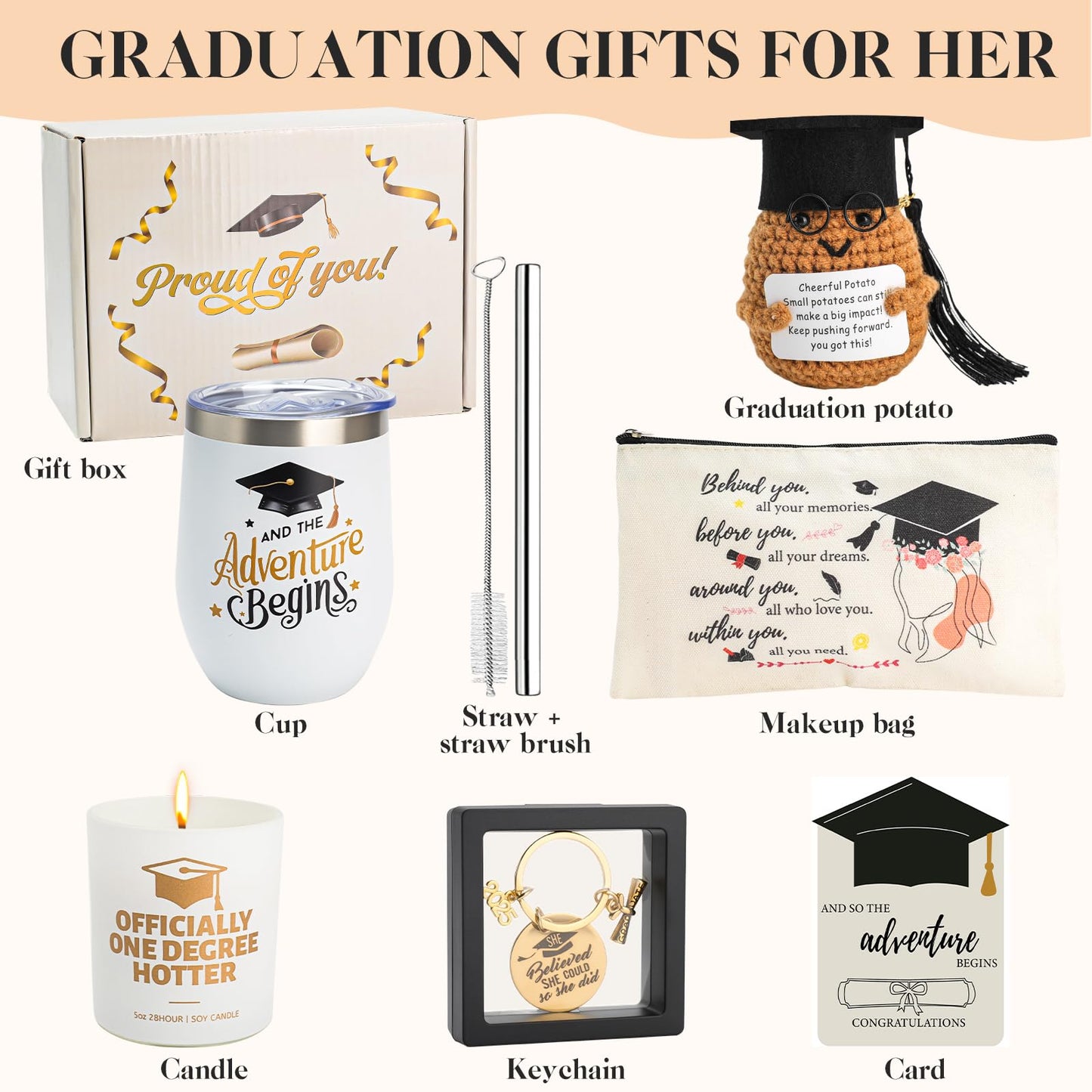 Graduation Gifts for Her,Best College Graduation Gifts Basket for Daughter, Sister, Friend Insulated Tumbler Makeup Bag Candle Keychain