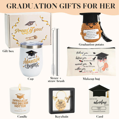 Graduation Gifts for Her,Best College Graduation Gifts Basket for Daughter, Sister, Friend Insulated Tumbler Makeup Bag Candle Keychain