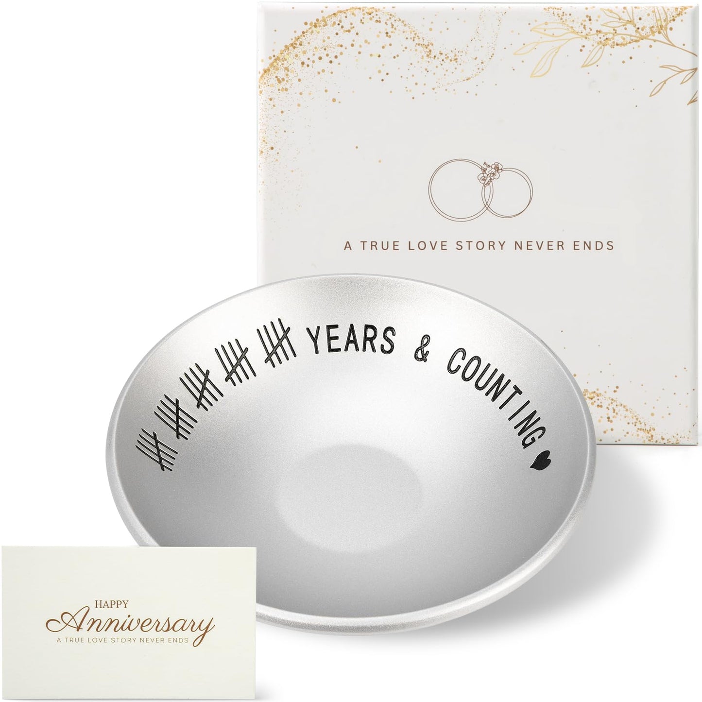 Urllinz 25th Anniversary Wedding Gifts for Husband Wife, 25 Year Anniversary Jewelry Tray for Him Her Couple, Silver Ring Holder Dish & Card & Gift Box, 4"