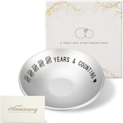 Urllinz 25th Anniversary Wedding Gifts for Husband Wife, 25 Year Anniversary Jewelry Tray for Him Her Couple, Silver Ring Holder Dish & Card & Gift Box, 4"