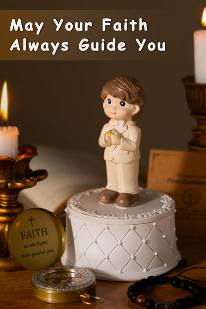 First Communion Gifts for Boys- First Holy Boy Figurine with Keepsake Box & Compass for Kids & Cross Bracelet Included, 1st Communion Gifts for Boys