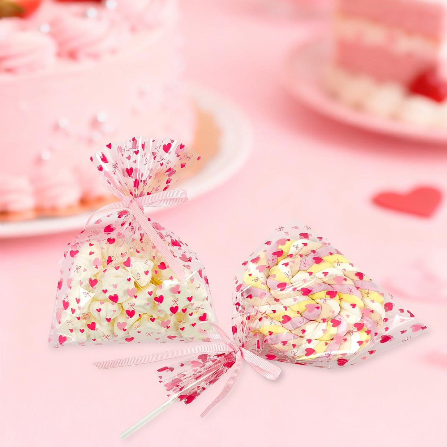 EKAPACKAGING 50Pcs 5x7 Inches Cellophane Treat Bags with Pink Ribbons, Pink Heart Pattern Gift Bags, Small Valentine's Day Goodie Bags for Candy, Marshmallow Pops, Cake Pops, Party Favors