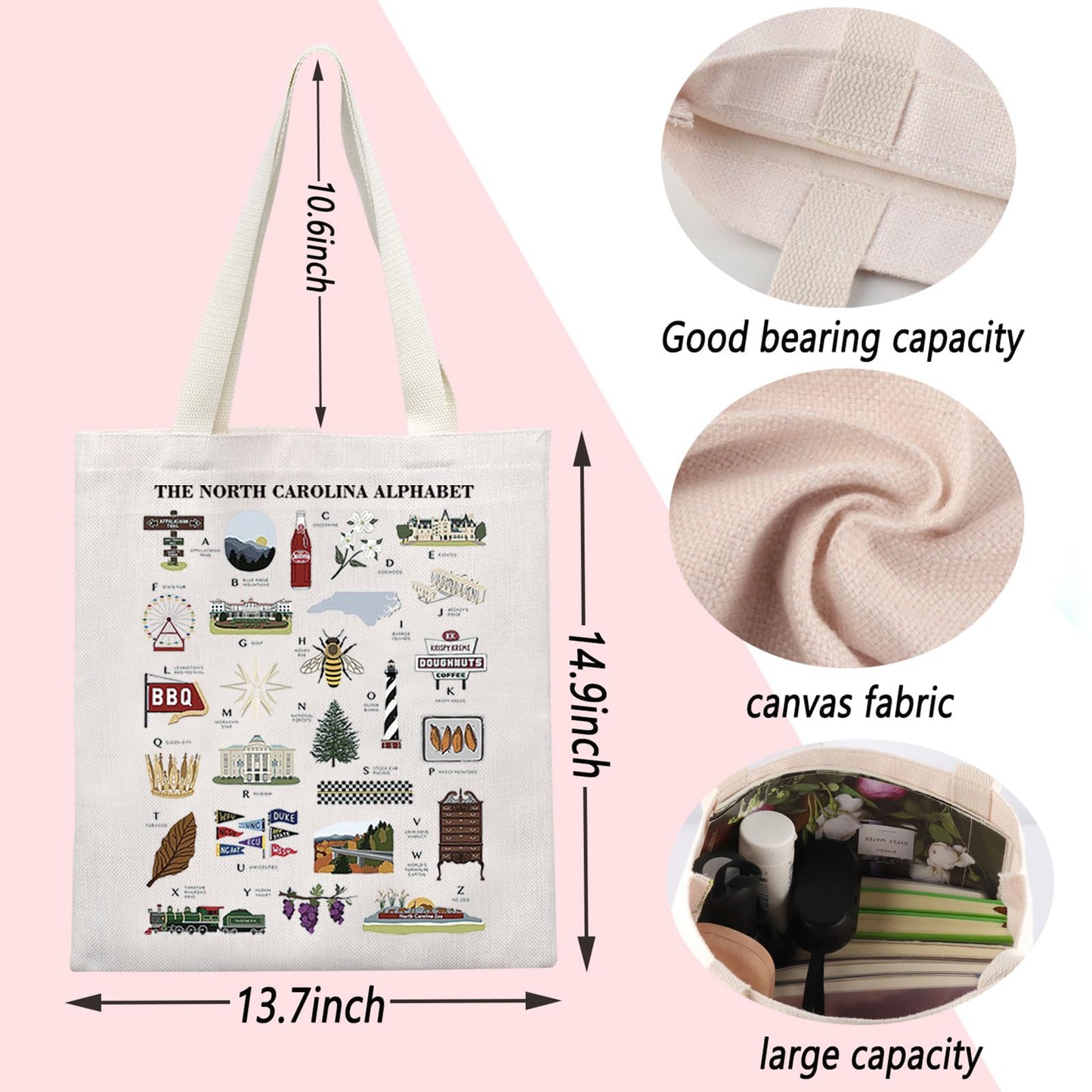ENSIANTH North Carolina Alphabet Tote Bag North Carolina State Souvenirs Gift Family Trip Handbag Tar Heel State Travel Gift