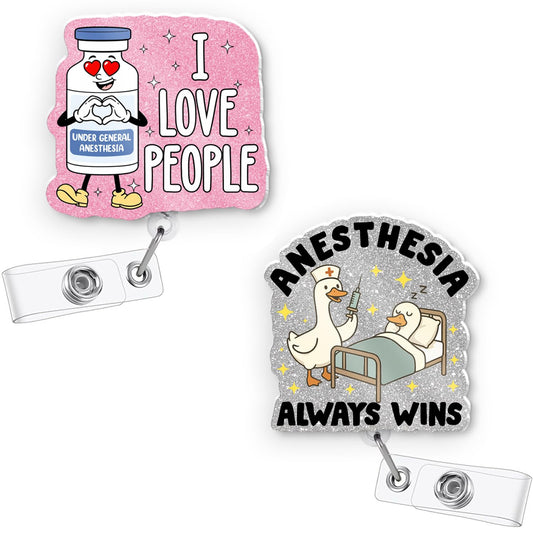 Anesthesia Badge Reel Retractable - 2Pcs Glitter Badge Holder with Alligator Clip for CRNA Pacu Nurse Anesthetist Anesthesiologist OR Team, Surgical Tech Week Gifts for Work