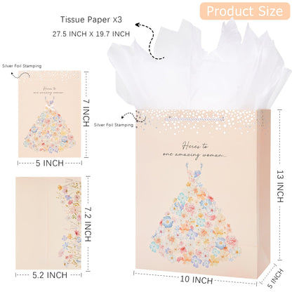 Crisky 13" Large Bridal Shower Bag with Cards Gift Bag with Tissue Paper, Gift Card(Here's to One Amazing Women) for Wedding, Bridal Shower, Engagement Party