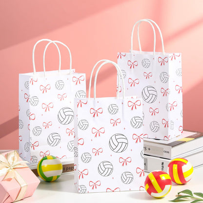 Spiareal 24 Pcs Volleyball Paper Gift Bags with Handles, Volleyball Party Favors Snack Goodies Pink Bow Bags for Team Sport Birthday Themed Party for Decorations, Game Celebration