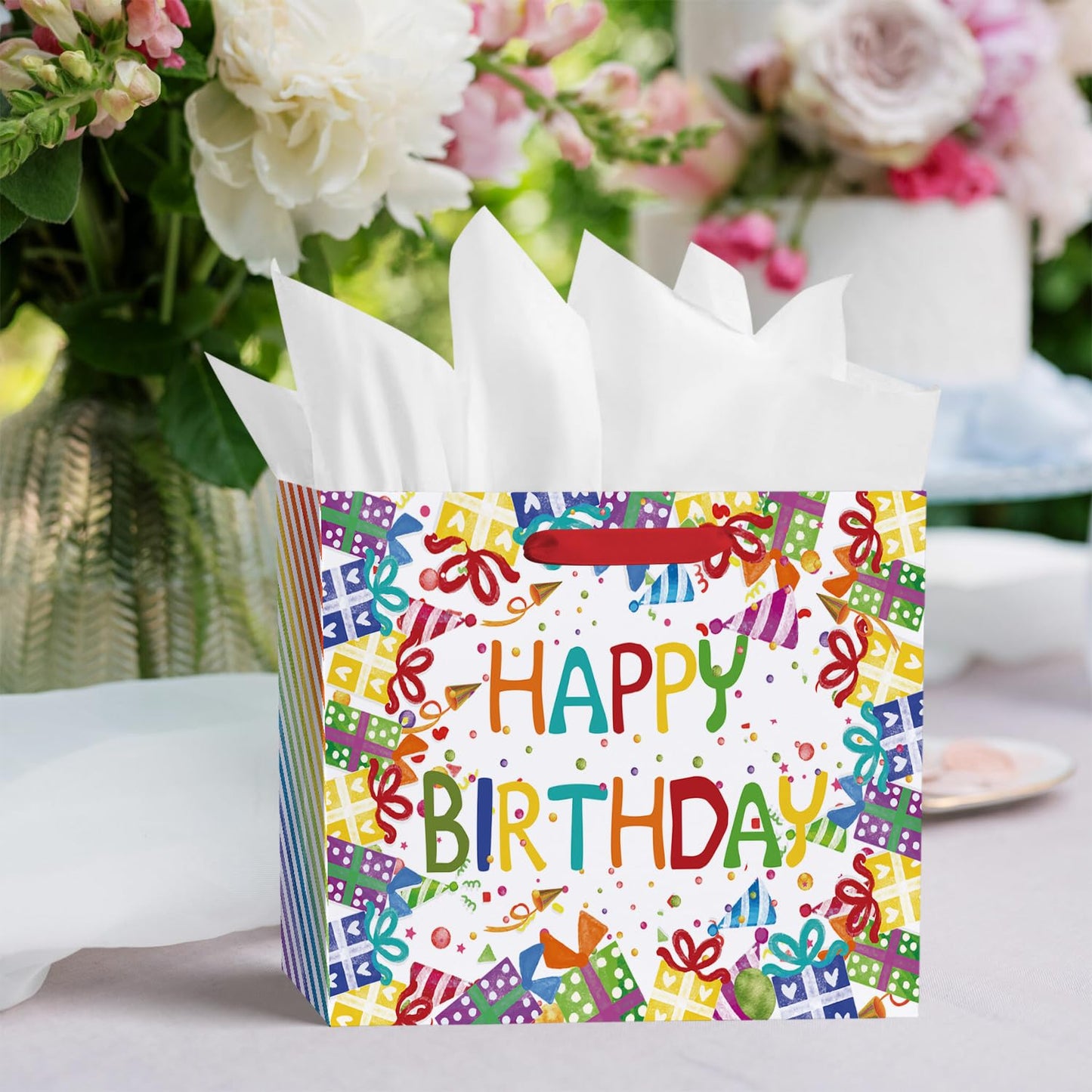 Horaldaily 13" Large Birthday Gift Paper Bags with Tissue Paper and Card, Happy Birthday Ballons Gift Paper Bag for Men Women Kids Birthday,1Pcs
