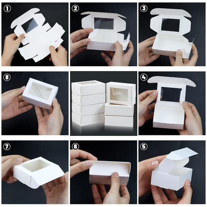 BadenBach 50 PCS Mini Kraft Boxes with Windows,3.33" x 2.35" x 1.18",Small Soap Box for Homemade Soap,Paper Small Gift Boxes Bulk for Candy Cookies Party Favors Mother's Day Supplies(White)
