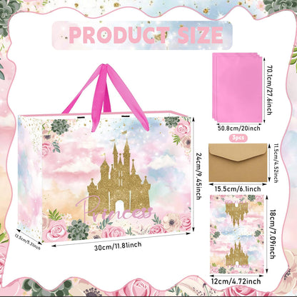 Large Princess Gift Bag Princess Castle Party Favor Bag with Tissue Paper and Cards Princess Candy Goodie Bags Prince Princess Treat Gift Wrapping Paper Bags for Girl Birthday Party Decorations