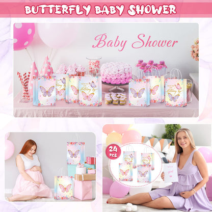 TaoBary 24 Pcs Butterfly Party Favors Gift Goodie Treat Candy Bags Thank You for Fluttering by Paper Bags with Handles for Girls Butterfly Birthday Party Supplies Baby Shower(Watercolor Style)