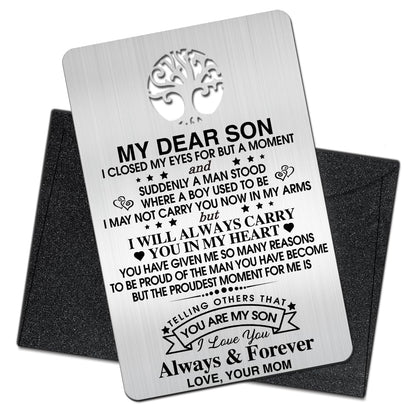 To My Son I Love You Wallet Card, Engraved Metal Wallet Insert Card Love Notes from Mom, Gifts for Son with Inspirational Quote, Graduation Birthday coming of age Wedding Christmas Gifts
