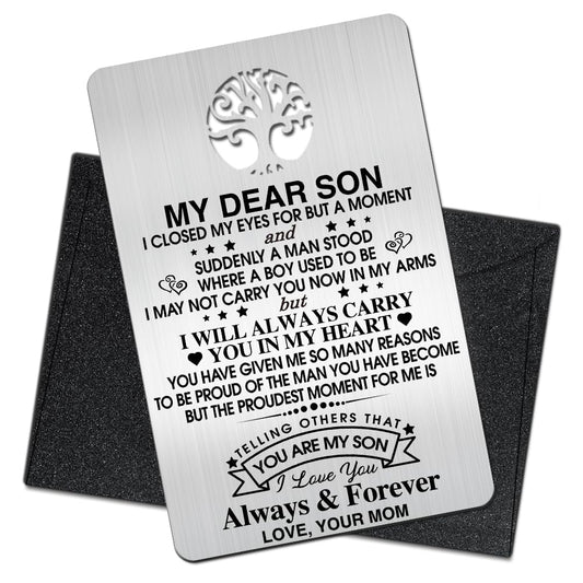 To My Son I Love You Wallet Card, Engraved Metal Wallet Insert Card Love Notes from Mom, Gifts for Son with Inspirational Quote, Graduation Birthday coming of age Wedding Christmas Gifts