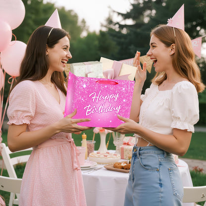 Shiny Pink Birthday Gift Bag for Lady Girls Large Hot Pink Happy Birthday Gift Bag with Tissue Paper and Card Disco Shining Stars Goodie Wrapping Bag for Women Bday Anniversary Party Supplies