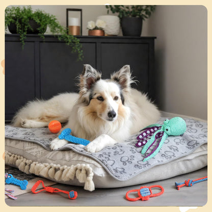Zopeal 17 Pcs Summer Puppy Gift Set, Dog Toy & Essentials Bundle with Chew Toys, Poop Bag Dispenser, Grooming Brush, Training Bell, Blanket & Rope Basket(Octopus)
