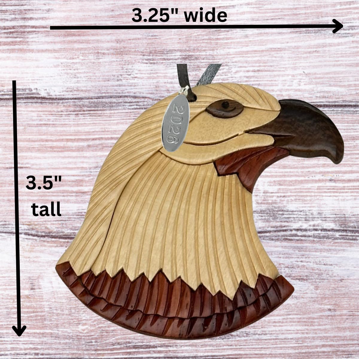 Two-Tone Intarsia Wood Bald Eagle Ornament 2026, Handcrafted Solid Piece - Great Air Force, Bald Eagle Gifts for Men, or Scout Ornament - 3" Size - Comes in Gift Box