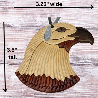 Two-Tone Intarsia Wood Bald Eagle Ornament 2026, Handcrafted Solid Piece - Great Air Force, Bald Eagle Gifts for Men, or Scout Ornament - 3" Size - Comes in Gift Box