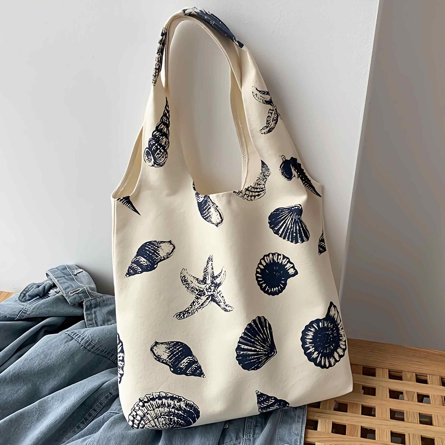 Beach Inspired Canvas Tote Bag For Women, Nautical Seashell And Starfish Print, Casual Shoulder Bag Aesthetic, Cute Small Book Tote, Portable Washable For Women Grocery Shopping Gift For Birthday Day