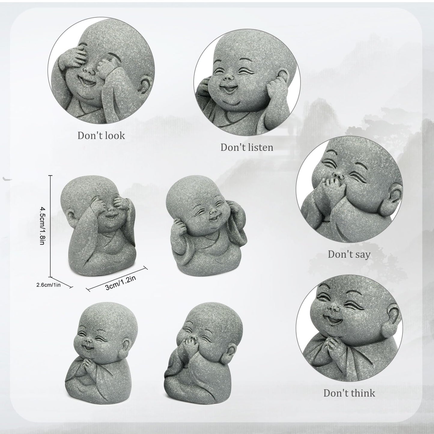 4Pcs Baby Buddha Statue Set, 2 Inch Mini Zen Monk, Sandstone Buddha for Desk Decor, Laughing Buddha for Good Luck, Car Dashboard, Home & Living Room Decor with Blessing Amulet