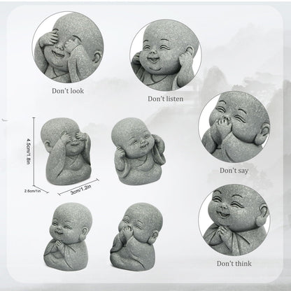 4Pcs Baby Buddha Statue Set, 2 Inch Mini Zen Monk, Sandstone Buddha for Desk Decor, Laughing Buddha for Good Luck, Car Dashboard, Home & Living Room Decor with Blessing Amulet