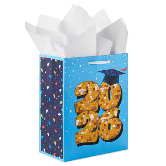 Hallmark 9" Medium Year-Dated Graduation Gift Bag with Tissue Paper (Class of 2026, Gold Disco Ball on Blue with Stars) for High School, College, University