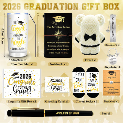 10 Pieces 2026 Graduation Gift Box Set, Class of 2026 Graduation Gift Basket with 20 Oz Tumbler, Socks, Bear Towel, Journal Notebook, Pen, Bookmark, Bracelet, Keychain for High School College Gifts