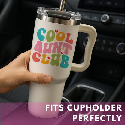 Mothers Day Gifts for Aunt - Cool Aunt Club Coffee Tumbler 40Oz, Best Auntie Gifts from Niece Nephew for Birthday, Presents for First Time & Best Auntie Ever, New Aunty Cup with Handle Straw