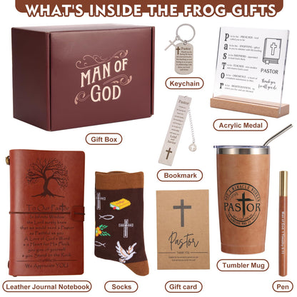 Pastor Appreciation Gifts for Men Christian Pastor Gifts Unique Pastor Gift for Pastors Including Leather Journal Tumbler Keychain Socks Acrylic Medal Pen Bookmarks Card for Birthday Christmas
