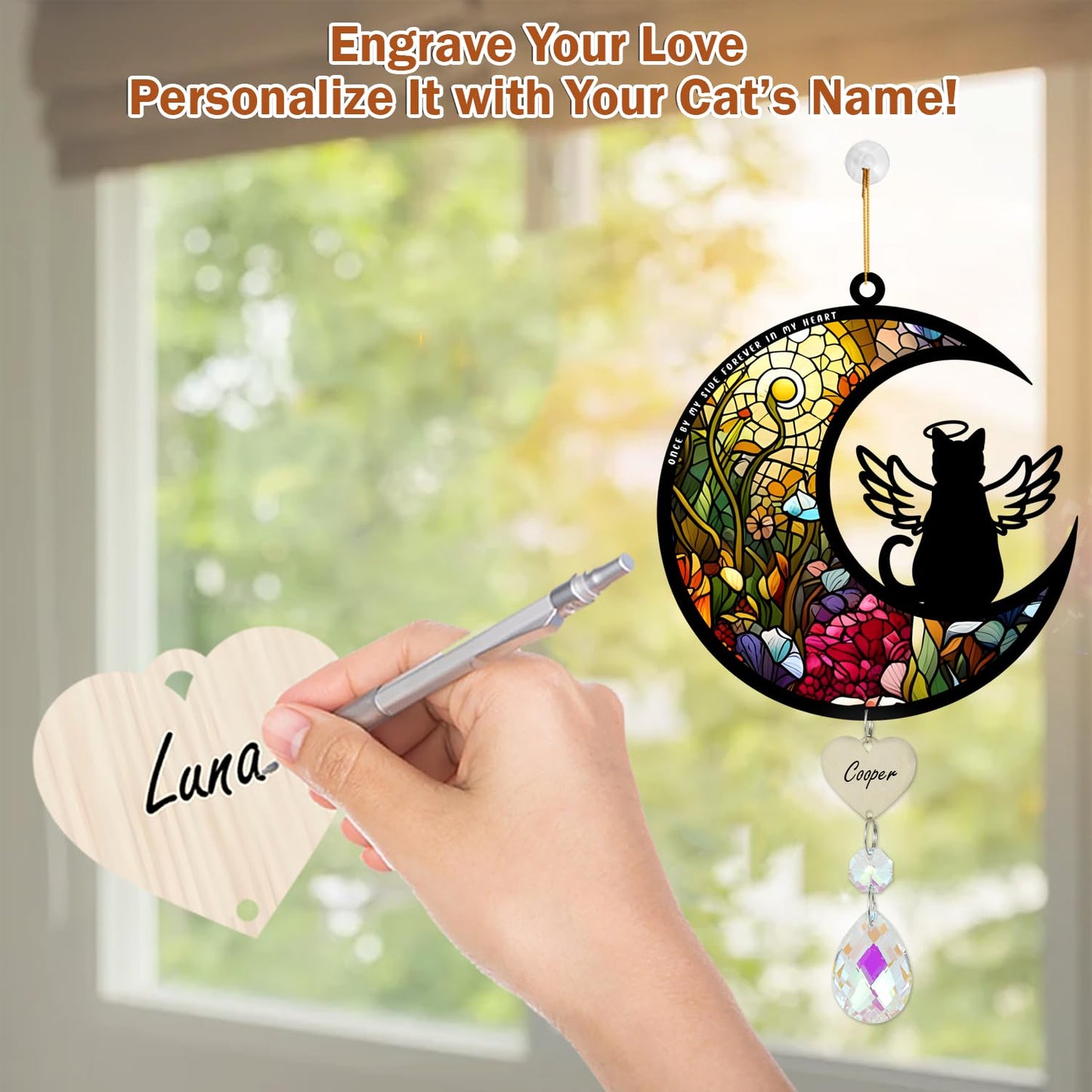 Cat Memorial Suncatcher for Windows Stained Glass,Pet Sympathy Gift to Memorialize The Loss,Unique Angel Cat Statue Suncatchers with Personalized Decorations
